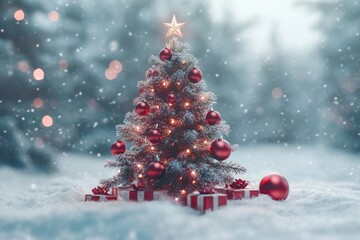 Obraz premium Christmas tree with red ornaments and gifts in snowy landscape