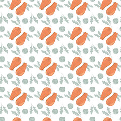 Salmon steaks, brussels sprout heads and arugula leaves Seamless pattern. Healthy eating background