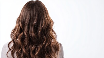 Naklejka premium Beautiful model girl with Brown hair strand,silky healthy chestnut wavy hair strand isolated on white background,hair wavy ribbon, with smooth texture,vibrant shine,brunette hairpiece, hairy ribbon.