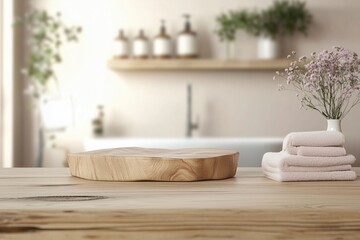 Serene bathroom with wooden tray, soft towels, and purple flowers for a cozy atmosphere. Modern design enhanced by natural light for a spa-like feel of wellness and tranquility