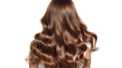 Fototapeta premium Beautiful model girl with Brown hair strand,silky healthy chestnut wavy hair strand isolated on white background,hair wavy ribbon, with smooth texture,vibrant shine,brunette hairpiece, hairy ribbon.
