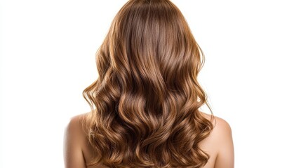 Naklejka premium Beautiful model girl with Brown hair strand,silky healthy chestnut wavy hair strand isolated on white background,hair wavy ribbon, with smooth texture,vibrant shine,brunette hairpiece, hairy ribbon.