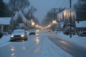 Icicles hanging from power lines in snowy suburban street at dusk