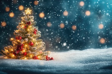 Obraz premium Christmas tree with red ornaments and string lights in snowy landscape