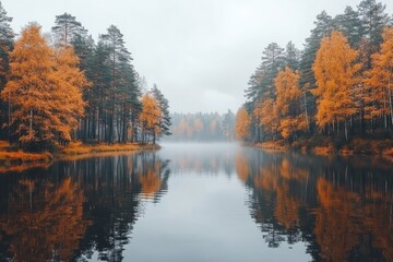 Fototapeta premium Fog covering serene lake with autumn trees reflecting in water