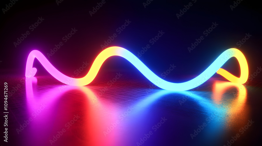 Wall mural 3d rendering of a multicolored neon curved line with loops, glowing in the dark and reflected in a mirrored floor. Abstract synthwave background. Rainbow colors.