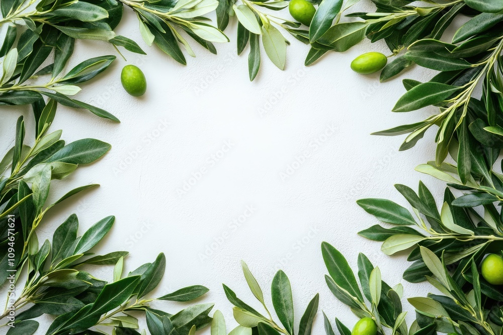 Poster olive branches and green olives creating a frame on white background