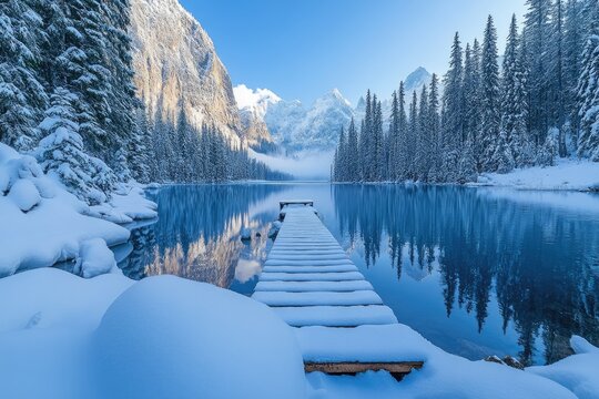Snow covered wooden pier stretching into a serene winter lake