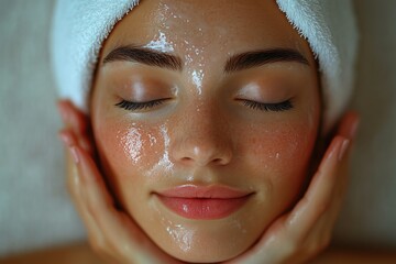 Woman with closed eyes enjoying a moisturizing gel mask application for healthy and radiant skin during a beauty treatment at a spa salon