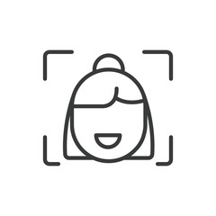 Female face ID, icon in line design. Female, face, ID, recognition, biometric, technology, authentication on white background vector. Female face ID editable stroke icon