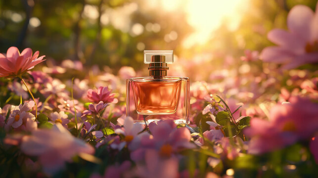 A glass perfume bottle rests among vibrant pink flowers in a sunlit field, evoking a sense of spring freshness. Dreamy and romantic atmosphere.