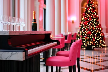 Grand piano, champagne and christmas tree creating festive new year's eve atmosphere