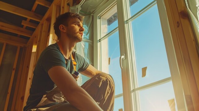 A man in a green T-shirt sits on a windowsill in a partly constructed house, gazing out through sunlight-filled windows, casting long shadows. - Powered by Adobe