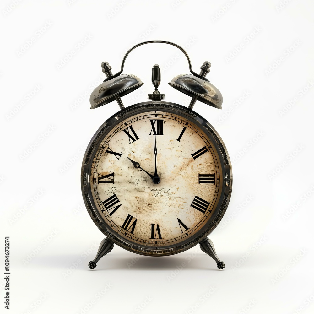 Poster old fashioned alarm clock is showing twelve o'clock, resting on a white background