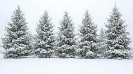 Obraz premium Snow falling on five evergreen trees in winter landscape