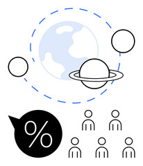 Saturn Earth with orbit planets, five people icons, percent symbol in black circle. Ideal for educational, astronomical, demographic, statistical, business, and leadership infographic themes. Line © robu_s