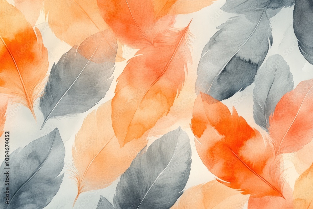 Poster Watercolor feathers floating seamless pattern in orange and grey