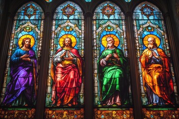 Four apostles praying in stained glass window depicting religious figures