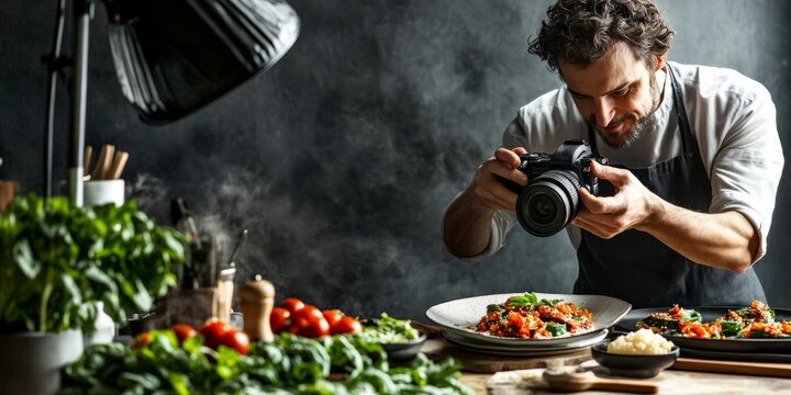 Professional Photography Studio with Food Photographer Styling a Culinary Shot