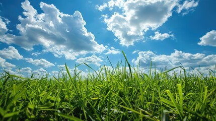 Obraz premium Lush green grass under blue sky. Perfect for nature, spring, or environmental themes; evokes freshness and serenity.