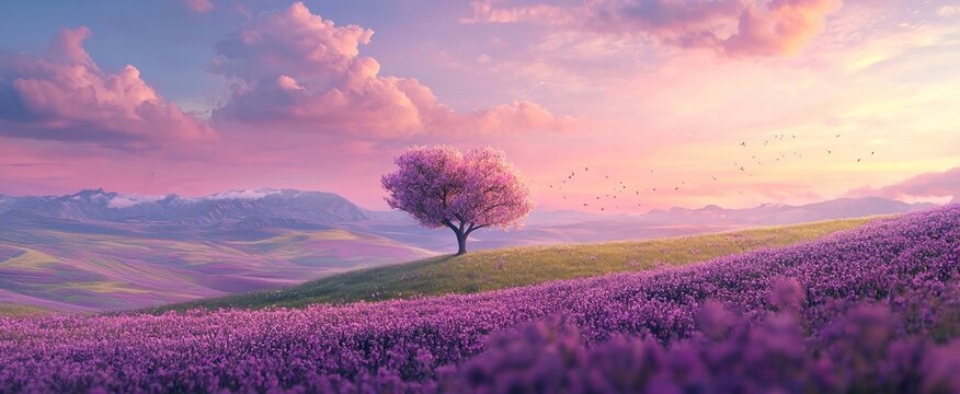 Un albero al centro di un campo infinito, circondato da vivaci fiori viola e nuvole rosa nel cielo. Lo sfondo &egrave; un paesaggio sereno, adatto come banner romantico
