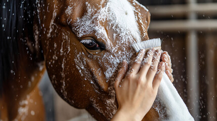 A person gently brushing their horse, experiencing a deep sense of connection and relaxation.