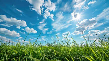 Fototapeta premium Sunny sky over green grass. Perfect for nature, spring, and environmental themes.