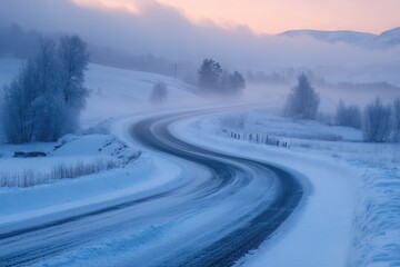 Obraz premium Winding snowy road leading into foggy winter wonderland at dawn