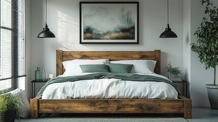 Stock photo of a Design a bright and cozy modern farmhouse master bedroom with white walls. The bed features The Driftless Platform Bed Frame with an extra-wide headboard, generative ai