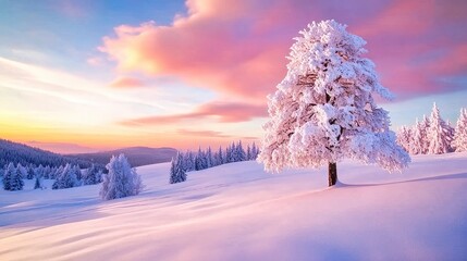Winter wonderland enveloped in soft pastel hues at sunset over a snowy landscape