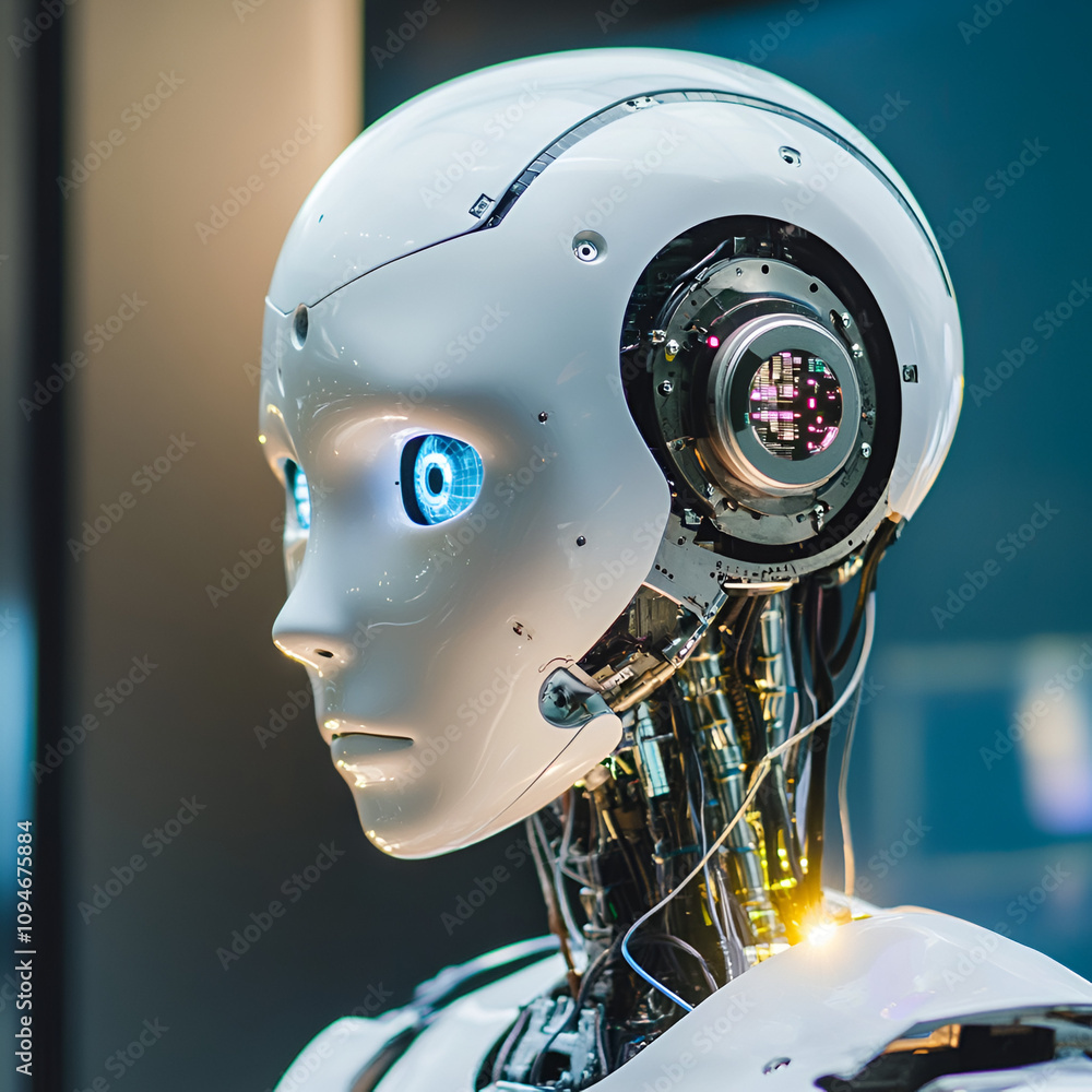 Poster robotic innovation demonstration tech lab futuristic technology showcase urban environment close-up 