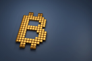 Bitcoin symbol with golden cubes with copy space. 3d illustration.