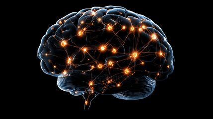 A human brain with glowing neural connections, symbolizing active thinking and cognitive processes