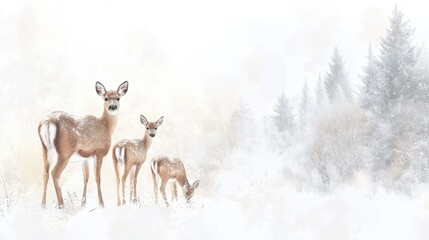 Deer family stands gracefully in a serene winter landscape, surrounded by snow and trees, AI