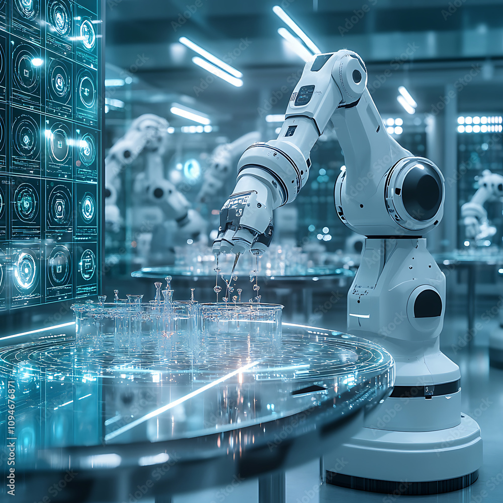 Poster high tech pharmaceutical laboratory featuring robotic arm conducting experiments with precision. fut