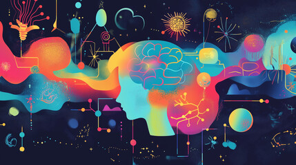 A vibrant depiction of a mind map with keywords and illustrations connecting different psychological concepts