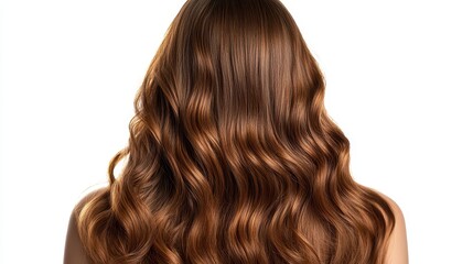 Naklejka premium Beautiful model girl with Brown hair strand,silky healthy chestnut wavy hair strand isolated on white background,hair wavy ribbon, with smooth texture,vibrant shine,brunette hairpiece, hairy ribbon.