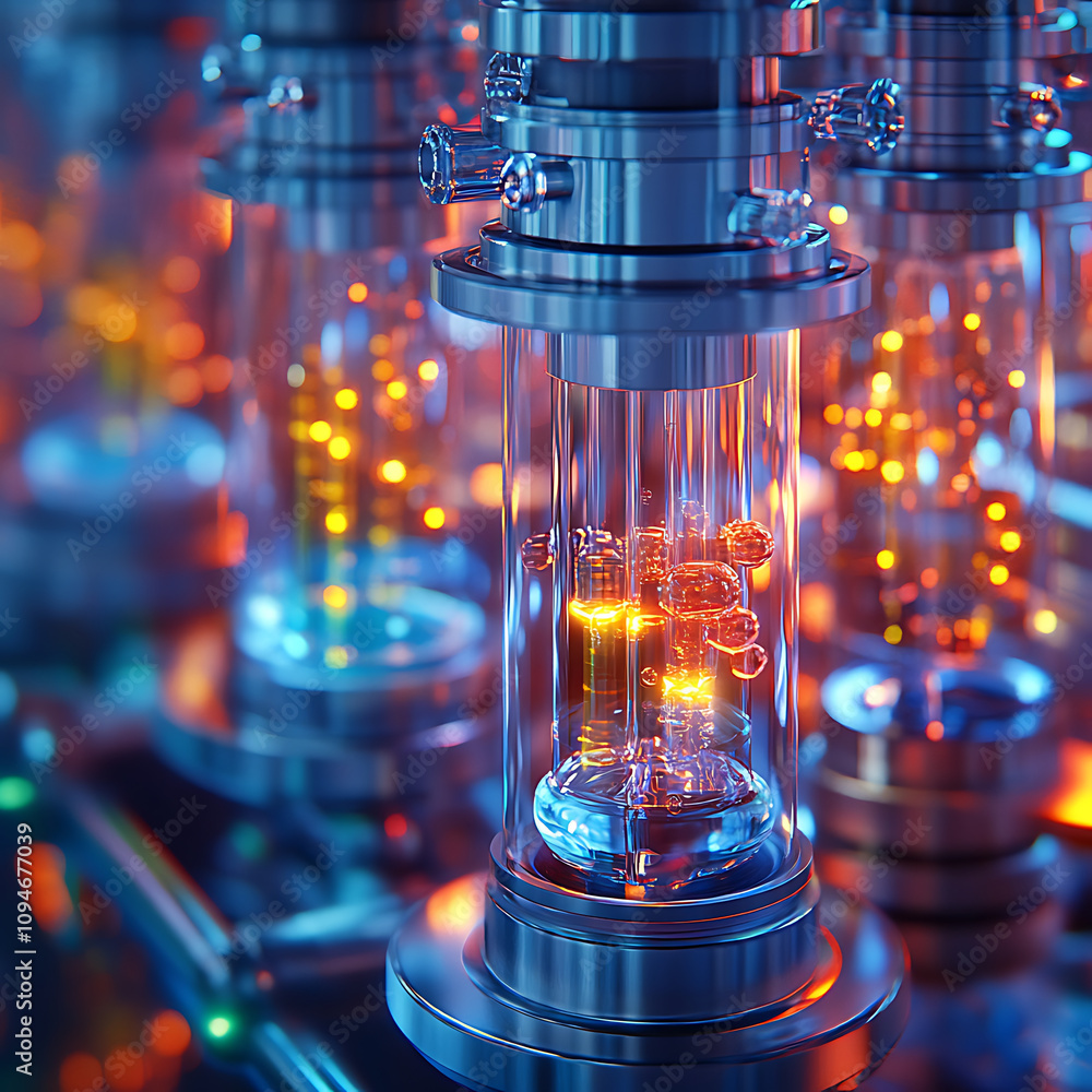 Poster molecular compound being synthesized in laboratory setting, showcasing vibrant colors and intricate 