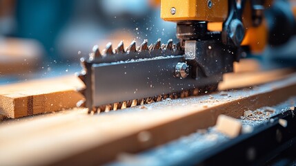 Close-up of a circular saw cutting through wood in a factory setting