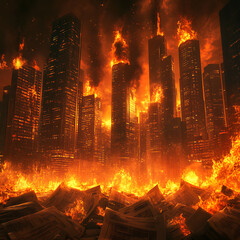 dramatic scene of city engulfed in flames, with burning skyscrapers and pile of stock market reports in foreground, evokes sense of chaos and destruction