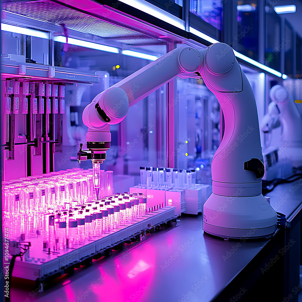 Poster sterile lab environment featuring ai driven robotic arm working with test tubes under vibrant purple