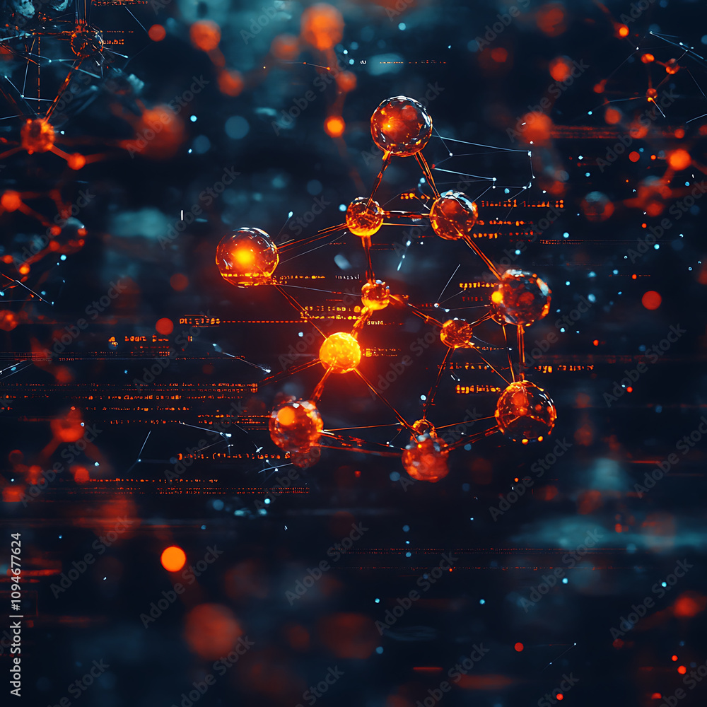 Poster abstract depiction of molecular structures with glowing elements, showcasing intricate connections a