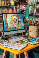 Fototapeta premium A vibrant artist's workspace with a computer, paints, and brushes for creative projects.