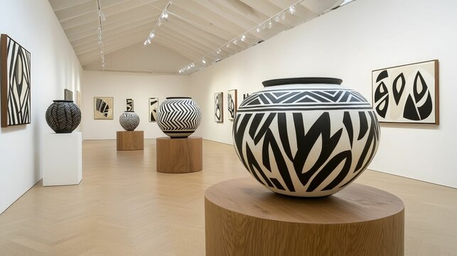 Handmade Ceramics concept. A modern art gallery featuring black and white pottery displayed on pedestals, with abstract artworks on the walls.