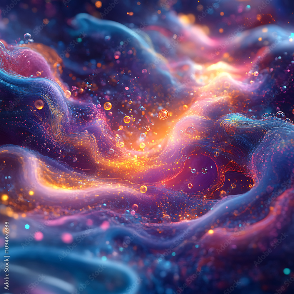 Poster vibrant abstract representation of swirling colors and luminous particles, creating mesmerizing cosm