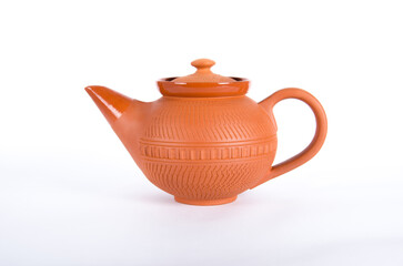 clay red chinese teapot on white background