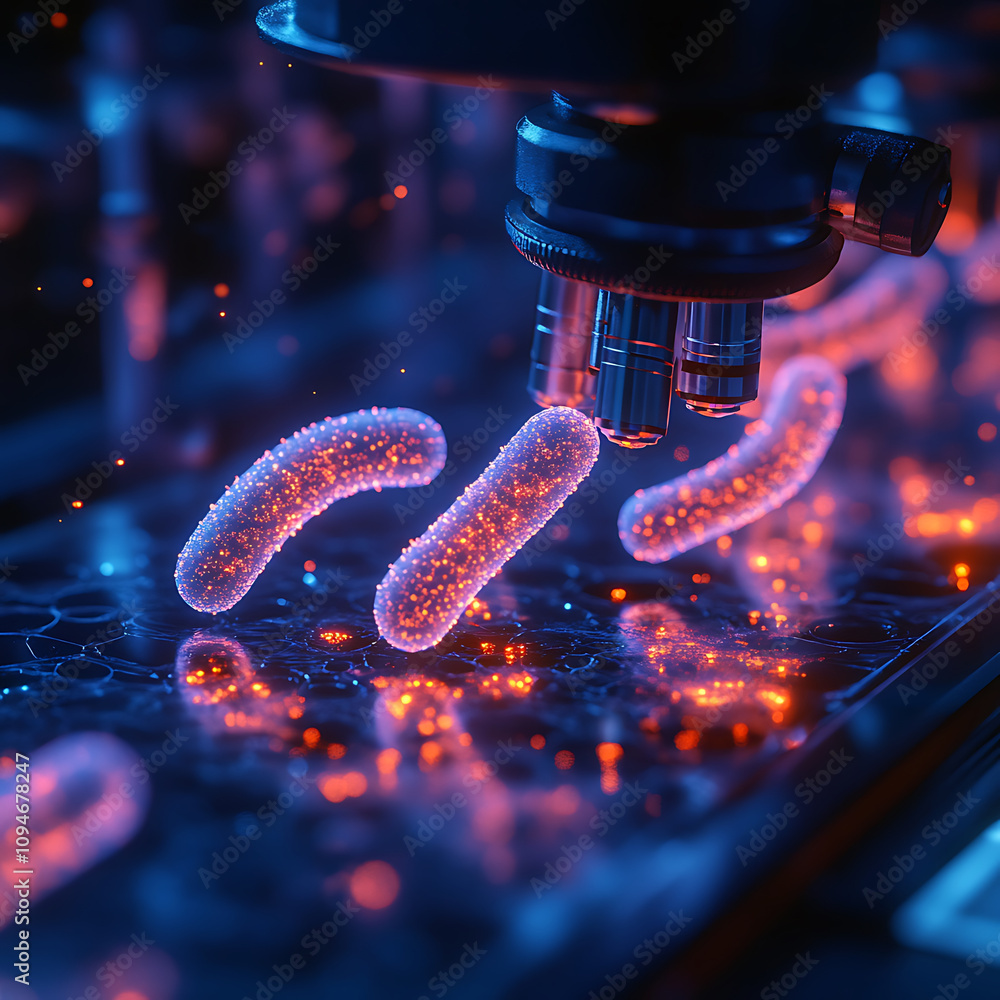 Poster bioluminescent bacteria under microscope, showcasing vibrant colors and intricate details. glowing m
