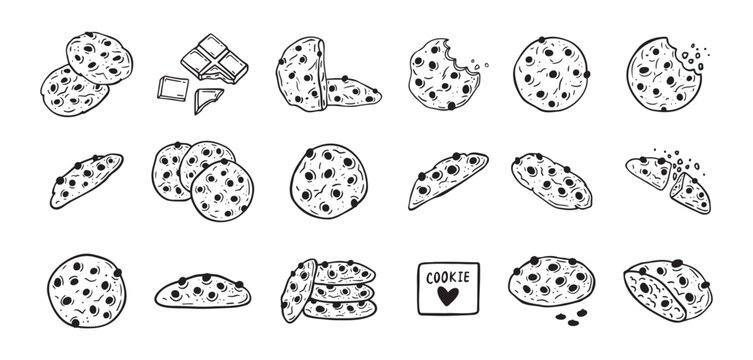Chocolate chips cookie hand drawn doodle icon set. Drawing black and white sketch biscuit. Chocolate biscuit collection.