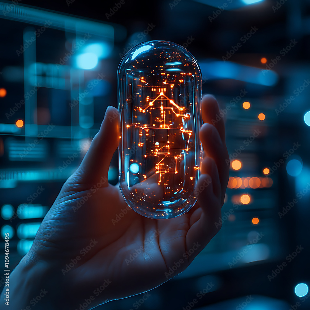 Poster hand holds transparent capsule glowing with digital patterns, symbolizing technology and innovation.