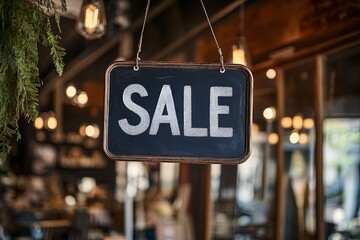 SALE written on a hanging chalkboard in simple white letters, surrounded by neutral office or retail decor, suitable for everyday promotional use in a business setting.